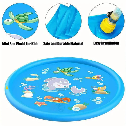 Tapis d’Arrosage Gonflable 100 cm, tapis d'aquaplay bleu pour enfants avec motifs marins, facile à installer.