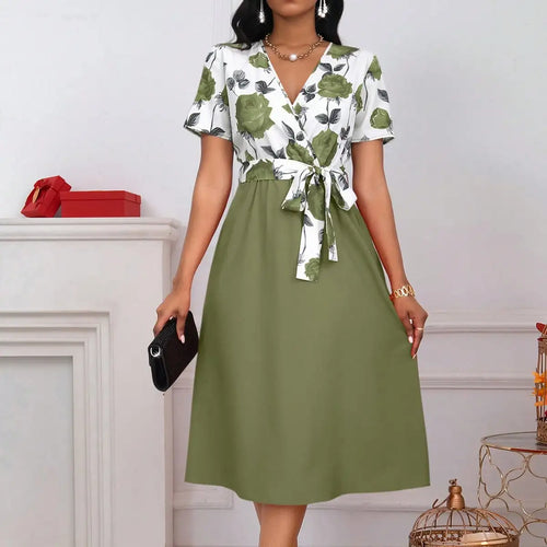 Robe Midi Florale Col en V – Taille Nouée, Patchwork Rose, Coupe Trapèze SUN N.