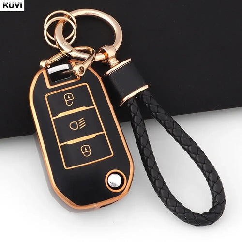 Coque Clé TPU Peugeot pour clé de voiture pliable avec design élégant en rose, offrant protection et style.