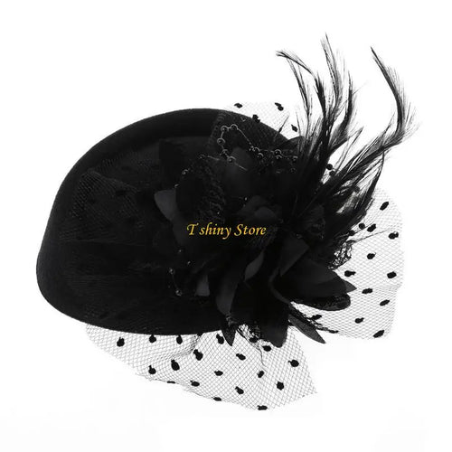 Fascinator Femme à Voile: Fascinator pour femme, chapeau de cocktail, chapeau de fête, coiffe de mariage ou d'église avec voile, fleur et plume SUN N.