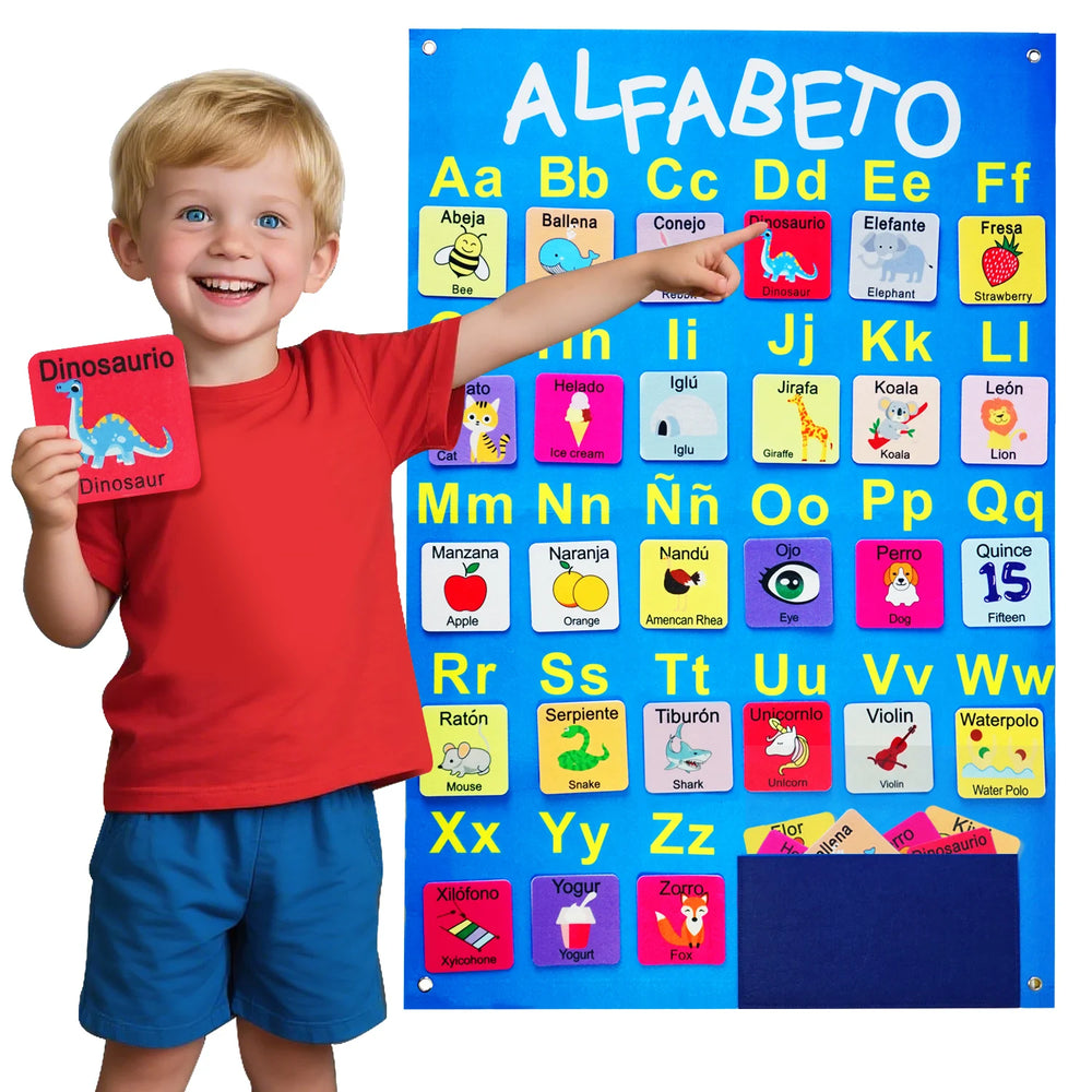 Tableau en feutre d'apprentissage Montessori avec 26 lettres et 53 cartes d'apprentissage bilingues, jouet éducatif pour l'anglais et l'espagnol SUN N.