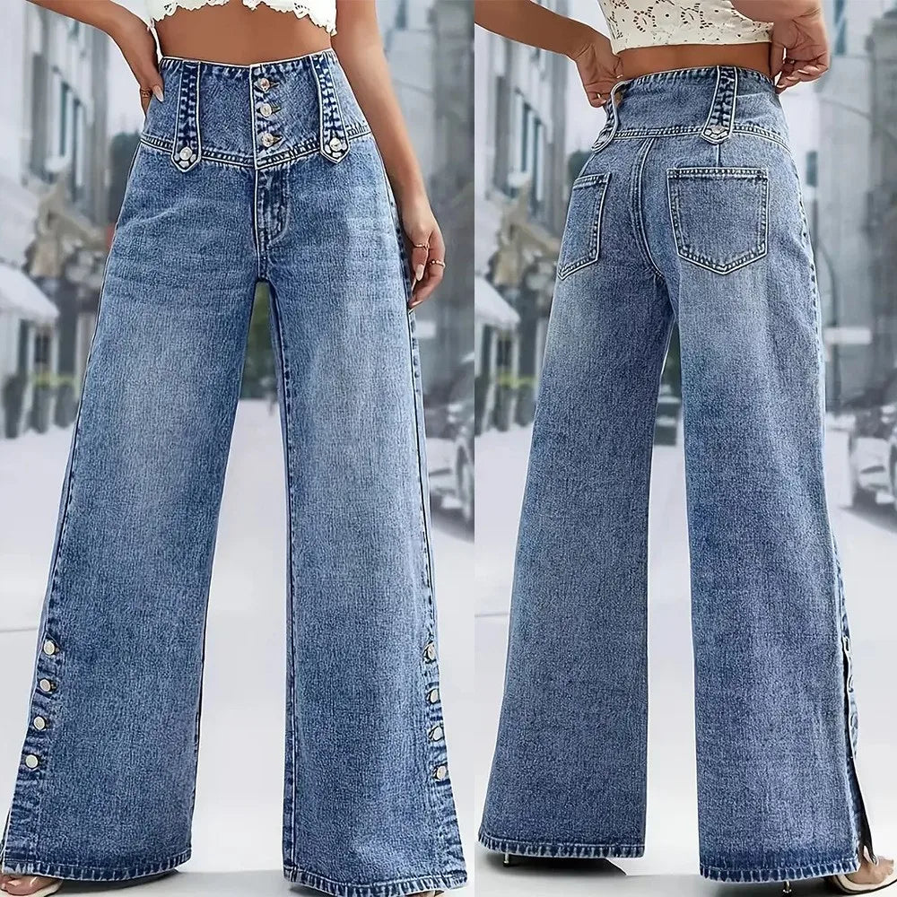 Jean Large Femme Taille Haute Pantalon en jean décontracté 2026 pour femme, taille haute, coupe large, style rétro urbain, polyvalent, avec boutons et fentes, tendance SUN N.