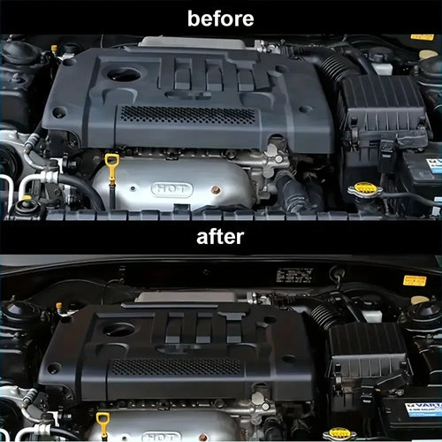 Comparative image showing 'Before' and 'After' results of using Nettoyeur de Compartiment Moteur for a clean engine bay.