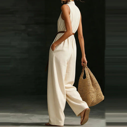 Combinaison longue femme – Col V, coupe ample, poches & taille élastique SUN N.