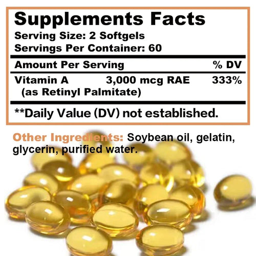 Vitamine A 10 000 UI dietary supplement bottle with non-GMO, gluten-free, and dairy-free labels.