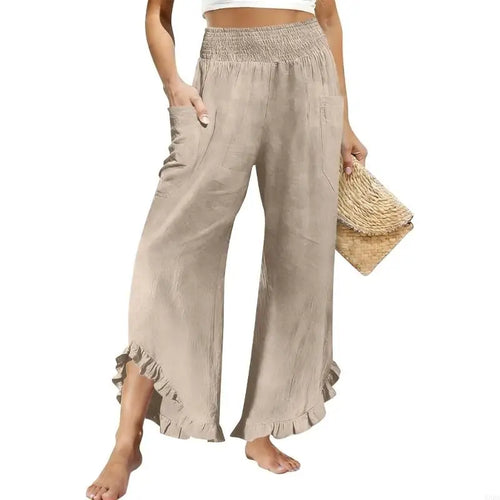Pantalon Lin Femme  Lino para Mujer recadrée Pantalon en lin femmes été décontracté smocké taille élastique Pantalon à volants avec SUN N.