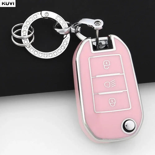 Coque Clé TPU Peugeot pour clé de voiture pliable avec design élégant en rose, offrant protection et style.