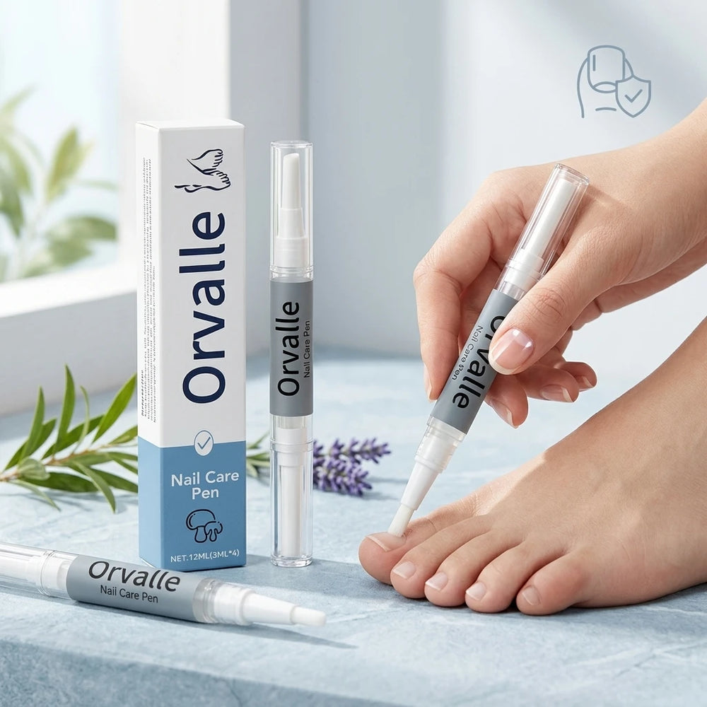 Kit stylos réparateurs pour ongles – Sérum, durcisseur & anti-champign présenté avec un stylo applicateur sur un pied.
