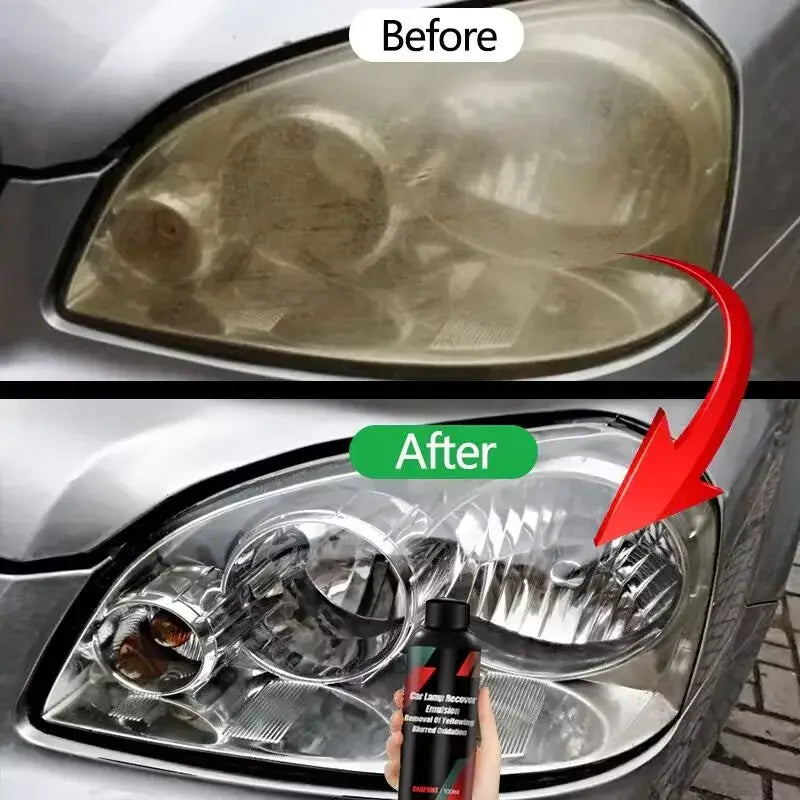 Comparative image of headlight restoration using Kit Restauration & Polissage Phares – Pâte Rénovatrice showing before and after results.