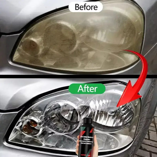 Comparative image of headlight restoration using Kit Restauration & Polissage Phares – Pâte Rénovatrice showing before and after results.