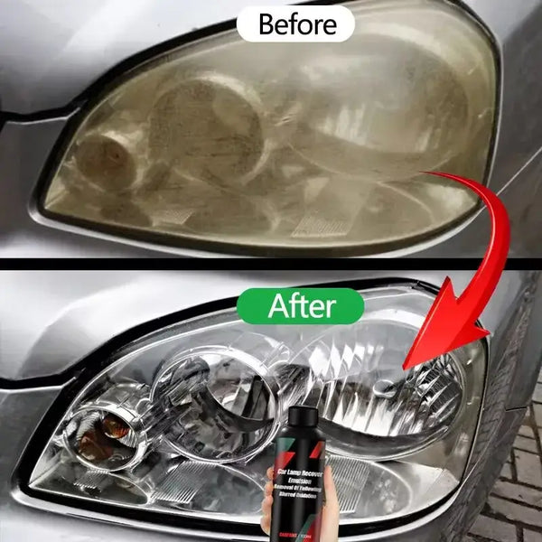 Comparative image of headlight restoration using Kit Restauration & Polissage Phares – Pâte Rénovatrice showing before and after results.