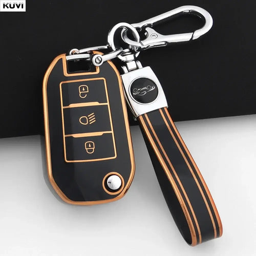Coque Clé TPU Peugeot pour clé de voiture pliable avec design élégant en rose, offrant protection et style.