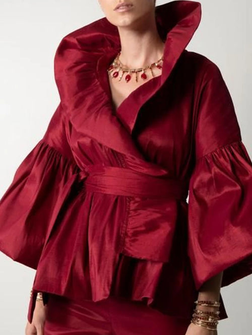 Chemisier en satin vintage pour femme, manches pétales, col montant, forme de bourgeon, chemise rétro américaine, style cour, automne SUN N.