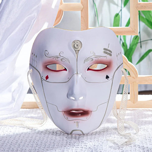 Masque Cyberpunk homme en or brillant avec des lacets pour le cosplay et les événements thématiques.