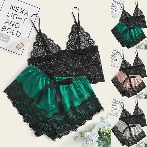 Lace Pajama Set Women 2 Piece Sexy Bralette and Shorts Plus Size