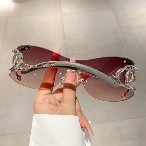 Lunettes de soleil de jambe de miroir en forme de salle pour femmes, lunettes technologiques punk, nuances de chimround autour, sans monture, nickel é, Y2k SUN N.