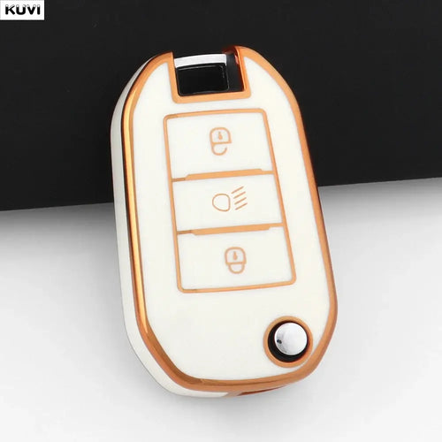 Coque Clé TPU Peugeot pour clé de voiture pliable avec design élégant en rose, offrant protection et style.