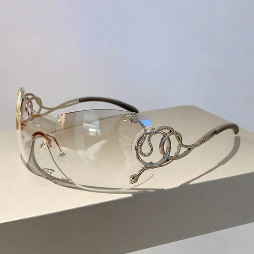 Lunettes de soleil de jambe de miroir en forme de salle pour femmes, lunettes technologiques punk, nuances de chimround autour, sans monture, nickel é, Y2k SUN N.