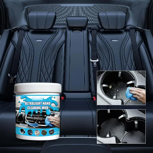 Avant et après l’utilisation du Gel Nettoyant Nano Universe sur les grilles d’aération de voiture, démontrant une élimination efficace de la poussière.