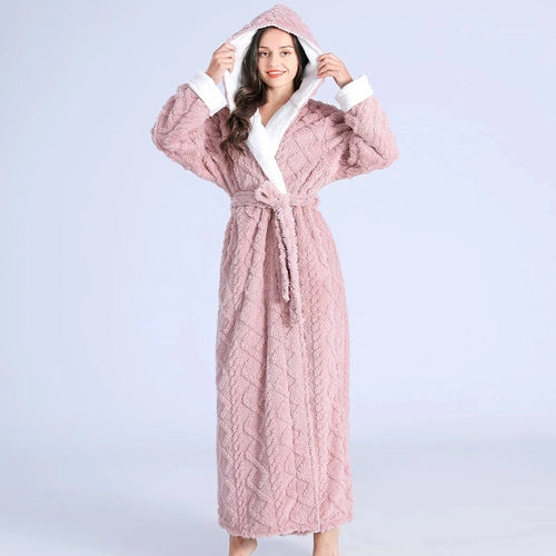 Loose Long Thick Bath Robe Hooded Winter Thick Women Bathrobe Flannel Terry Warm Comfortable Sleepwear for Female Dressing Gown SUN N.