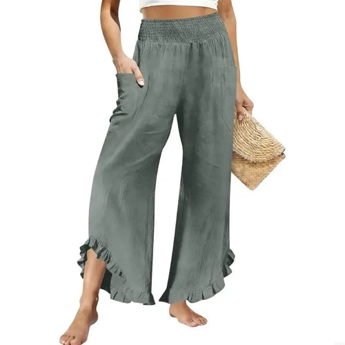 Pantalon Lin Femme  Lino para Mujer recadrée Pantalon en lin femmes été décontracté smocké taille élastique Pantalon à volants avec SUN N.