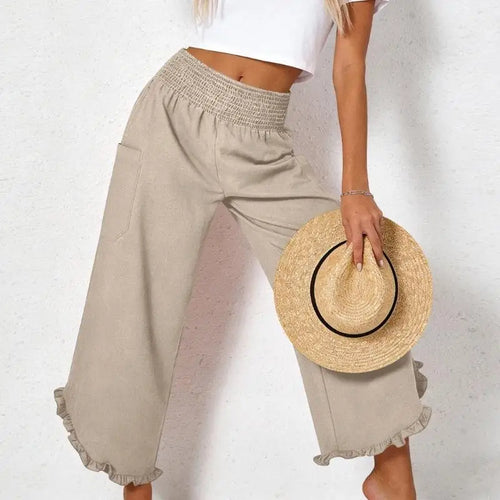 Pantalon Lin Femme   Lino para Mujer recadrée Pantalon en lin femmes été décontracté smocké taille élastique Pantalon à volants avec SUN N.