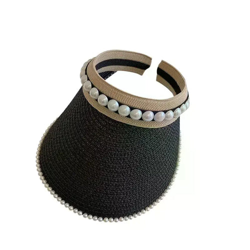 Chapeau de Soleil Raphia à large bord décoré de perles pour femmes, idéal pour l'été et la protection solaire.