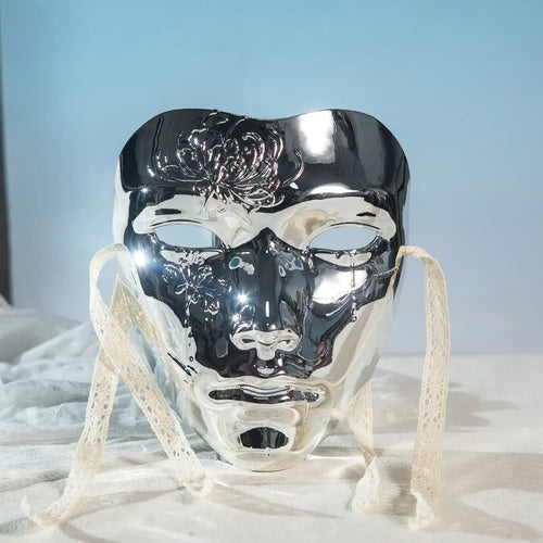Masque Cyberpunk homme en or brillant avec des lacets pour le cosplay et les événements thématiques.
