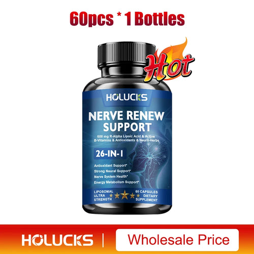 Capsules Nerve Renew, Aiguilles, Coupures, Brûlures cutanées, Sommeil profond. Complexe de vitamines B, acide alpha-lipoïque R, mélange neurobotanique SUN N.