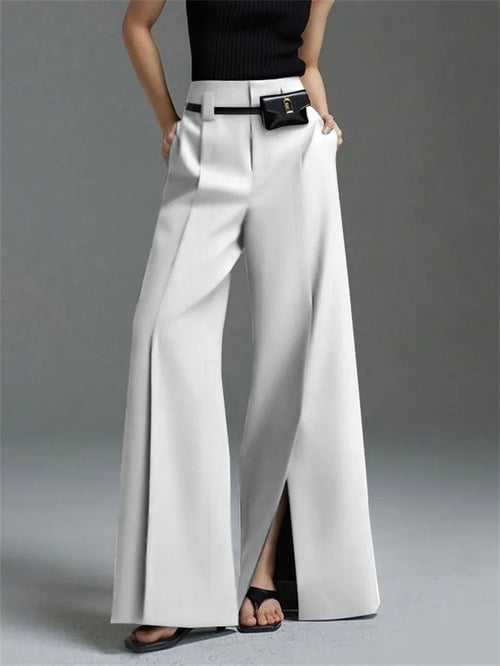 Yeezzi Urban Female Business Suit Pants 2025 New Fashion Black White Loose Straight Pant High-Waist Pleated Split-Front Trousers SUN N.