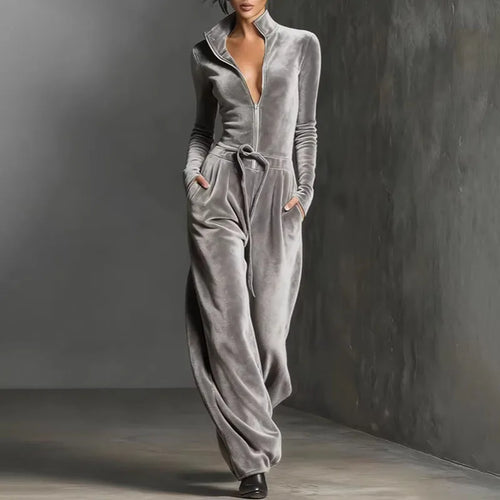 Combinaison velours femme – Col montant, demi-zip & taille à cordon SUN N.