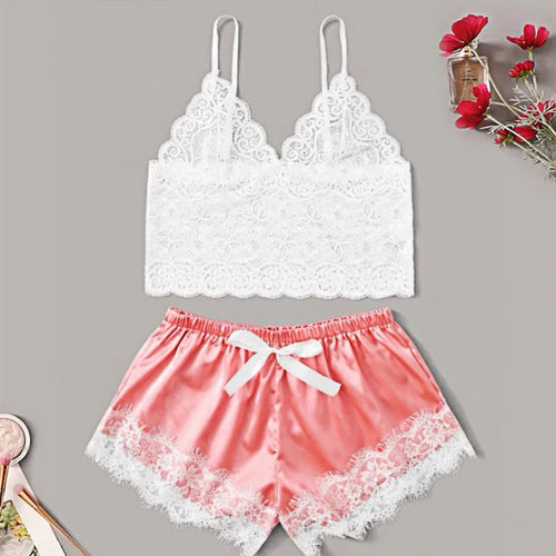 Lace Pajama Set Women 2 Piece Sexy Bralette and Shorts Plus Size