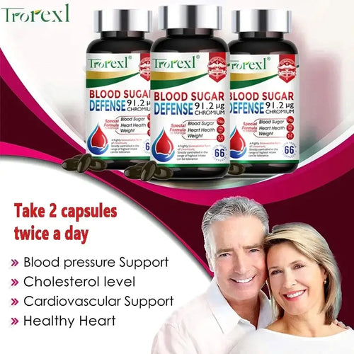 Capsules Soutien de la Glycémie - Métabolisme du Sucre, Trorexil Blood Sugar Defense bottles with capsules.