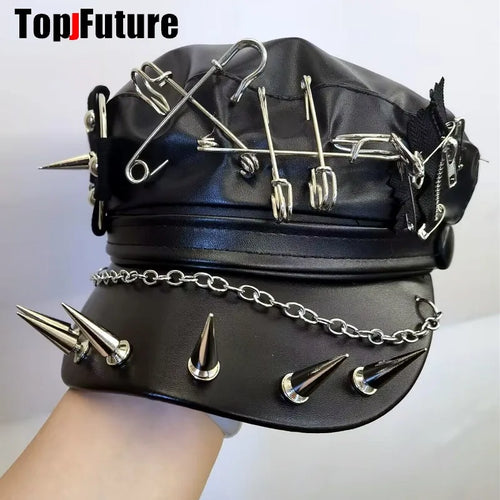 Béret Gothique Steampunk Riveté avec points métalliques et accessoires punk, au style Harajuku Y2K.