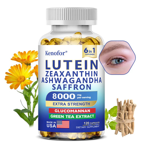 Supplément Lutéine & Zéaxanthine en capsules, enrichi en glucomannane et Ashwagandha pour la santé des yeux.