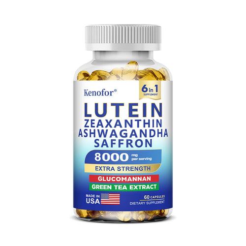 Supplément Lutéine & Zéaxanthine en capsules, enrichi en glucomannane et Ashwagandha pour la santé des yeux.