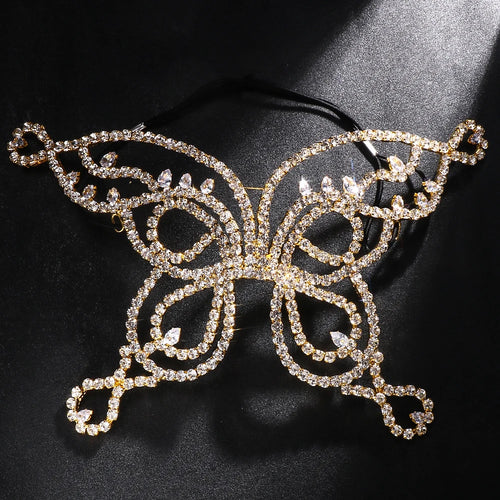 Voile masque papillon strass femme worn by model, showcasing its intricate design and elegance for masquerade events.