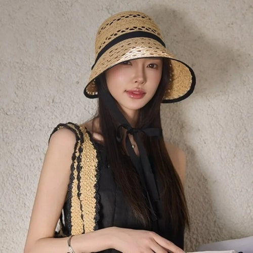 Chapeau de soleil en raphia véritable style français pour femme, à lacets, à large bord, ouverture arrière, respirant, pour l'extérieur et la plage, casquette SUN N.