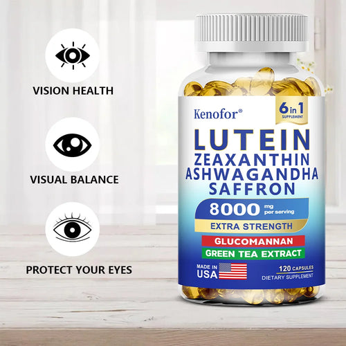 Supplément Lutéine & Zéaxanthine en capsules, enrichi en glucomannane et Ashwagandha pour la santé des yeux.