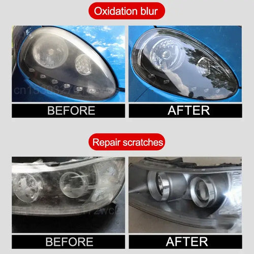 Comparative image of headlight restoration using Kit Restauration & Polissage Phares – Pâte Rénovatrice showing before and after results.