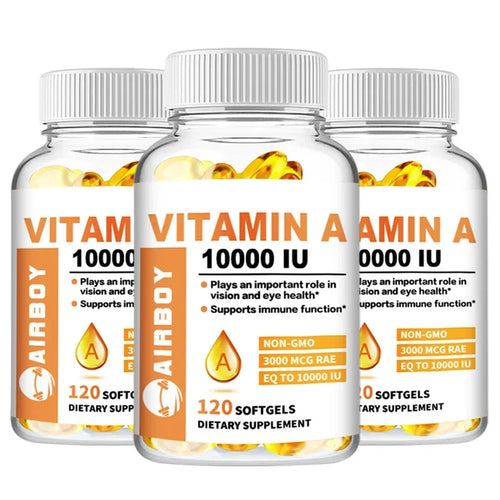 Vitamine A 10 000 UI dietary supplement bottle with non-GMO, gluten-free, and dairy-free labels.