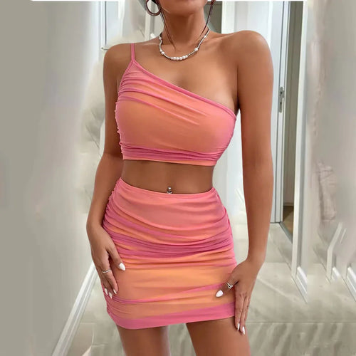 Sexy Vrouwen filet 2 Stuk Mode tenues Onregelmatige Schuine Schouder hauts courts avec Mini Rokken ensemble Kleding SUN N.