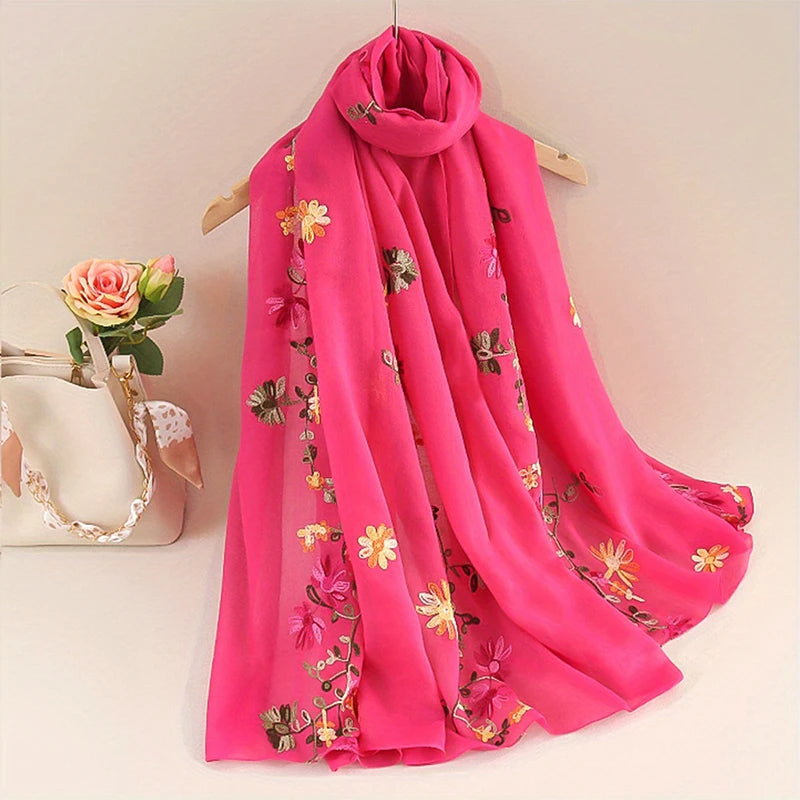 Écharpe Longue Femme Coton Lin - Foulard Dégradé Brodé Élégant Été SUN N.