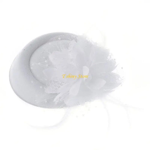 Fascinator Femme à Voile : Fascinator pour femme, chapeau de cocktail, chapeau de fête, coiffe de mariage ou d'église avec voile, fleur et plume SUN N.