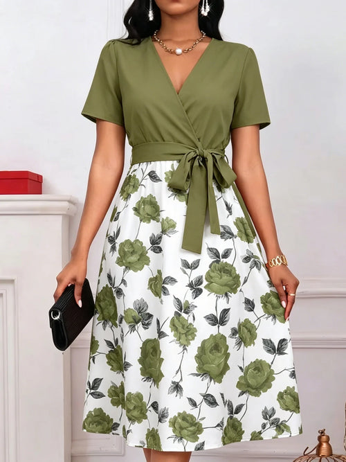 Robe Midi Florale Col en V – Taille Nouée, Patchwork Rose, Coupe Trapèze SUN N.