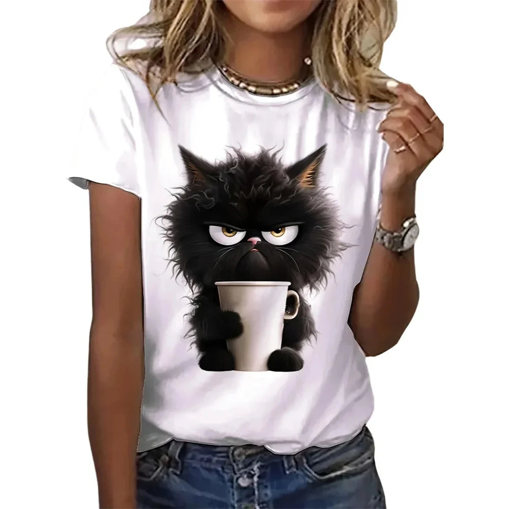 T-shirt manches courtes col rond femme, estival et décontracté, avec chat drôle, blanc imprimé SUN N.