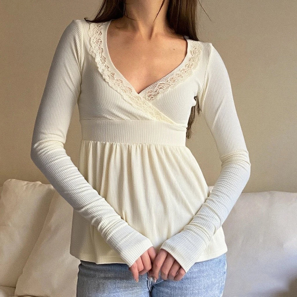 Long Sleeve Lace Wrap Blouse Women Elegant Streetwear Top