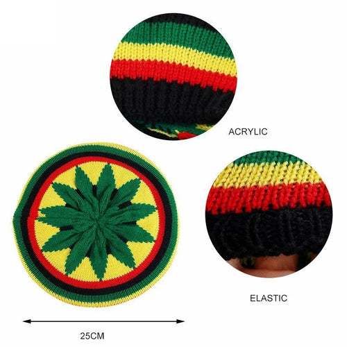 Béret Tricoté Rasta Rayé porté par une femme, avec motifs colorés, bonnet ample pour l'automne et l'hiver.