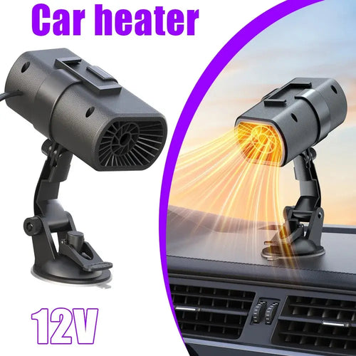 Chauffage Voiture 12V avec support ventouse pour dégivrage et désembuage rapide sur le tableau de bord.