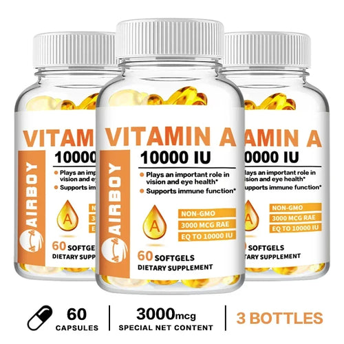 Vitamine A 10 000 UI dietary supplement bottle with non-GMO, gluten-free, and dairy-free labels.